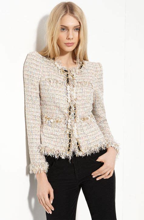 boucle jacket chanel style|Chanel fringed tweed jacket.